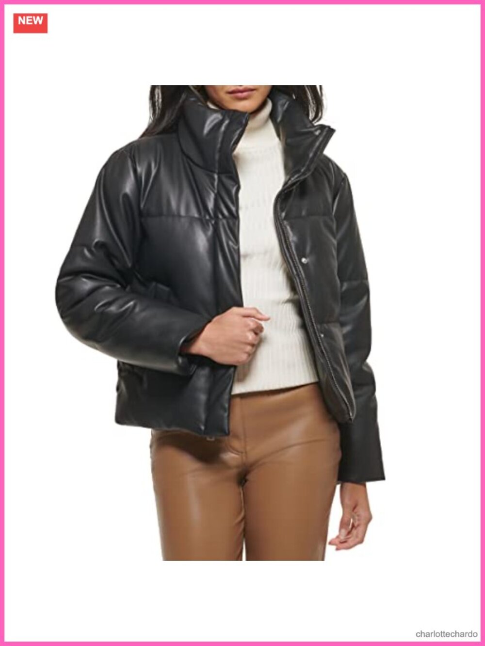 Vegan Leather Quilted Short Puffer Coat Water-Resistant Long Sleeve